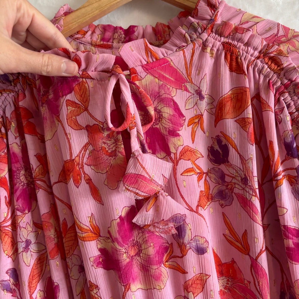 MISA Los Angeles Dominique pink Floral Chiffon Split-Neck Mini Dress size Medium - Picture 5 of 12